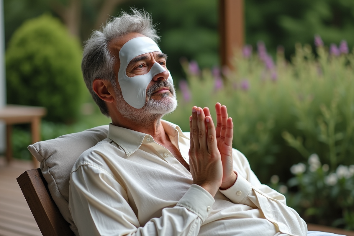 Homme relaxant en extérieur en retirant un masque visage