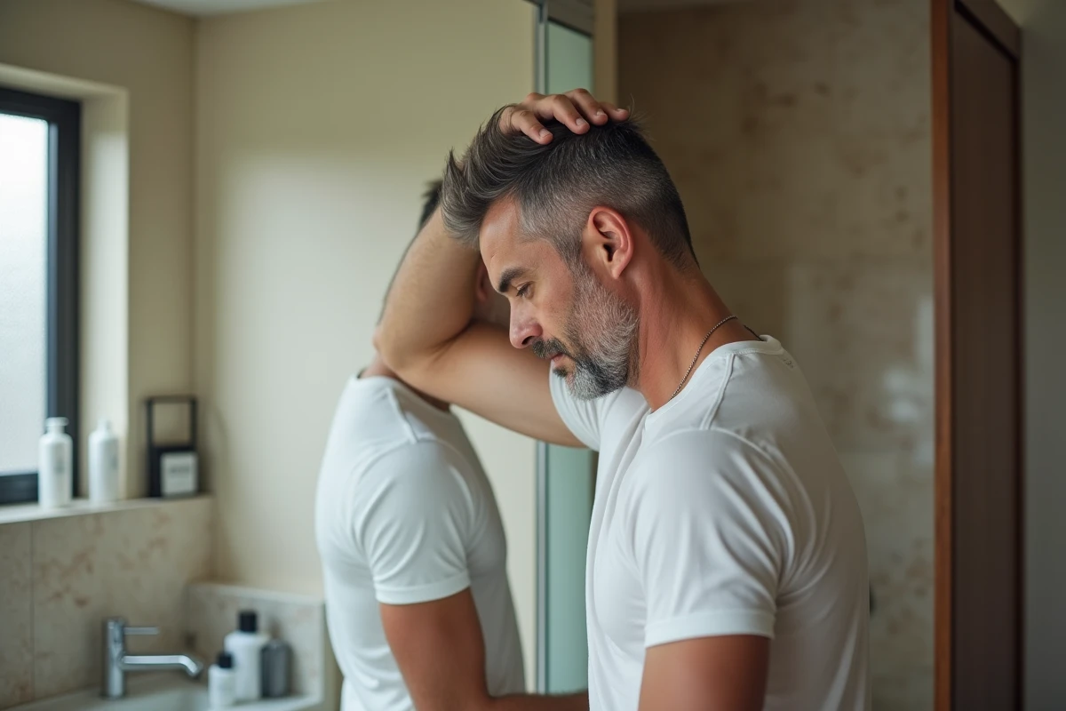 Homme v&eacute;rifiant sa ligne de cheveux dans le miroir &agrave; la maison
