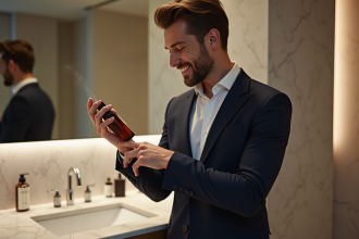 Homme en costume navy se parfumant dans une salle de bain moderne