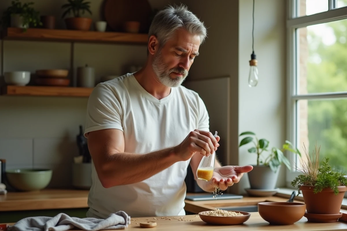 Homme versant shampoing homemade dans la cuisine chaleureuse