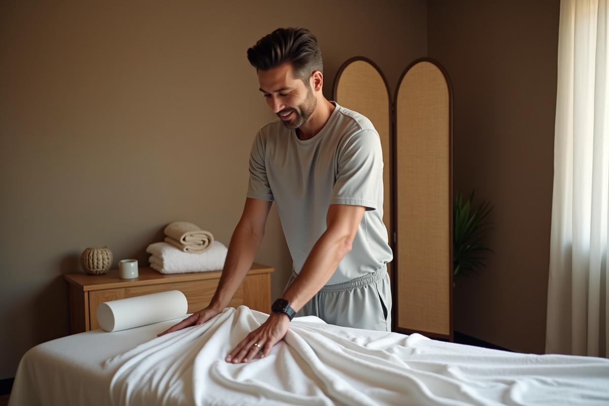 Homme préparant des draps dans un espace cosy