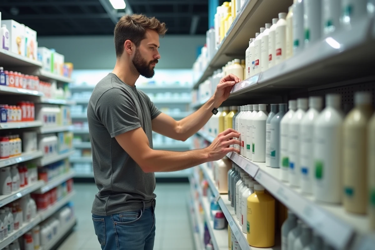 Homme choisissant un shampoing dans une pharmacie