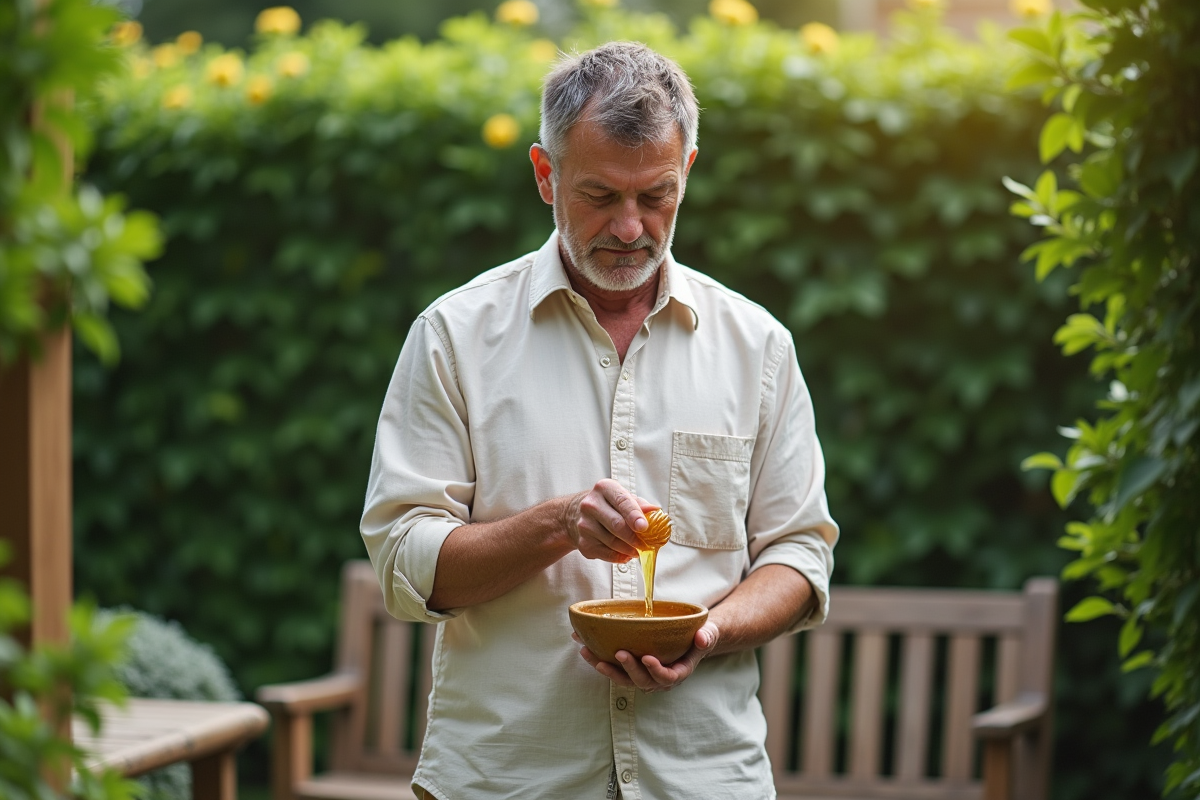 Homme se rinçant le visage au miel dans un jardin verdoyant