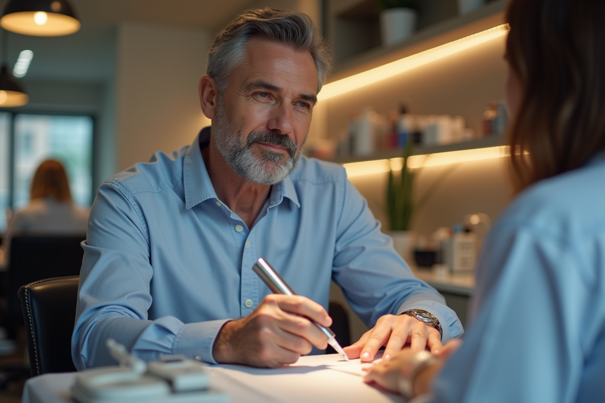 Homme au salon regardant la pose de vernis gel