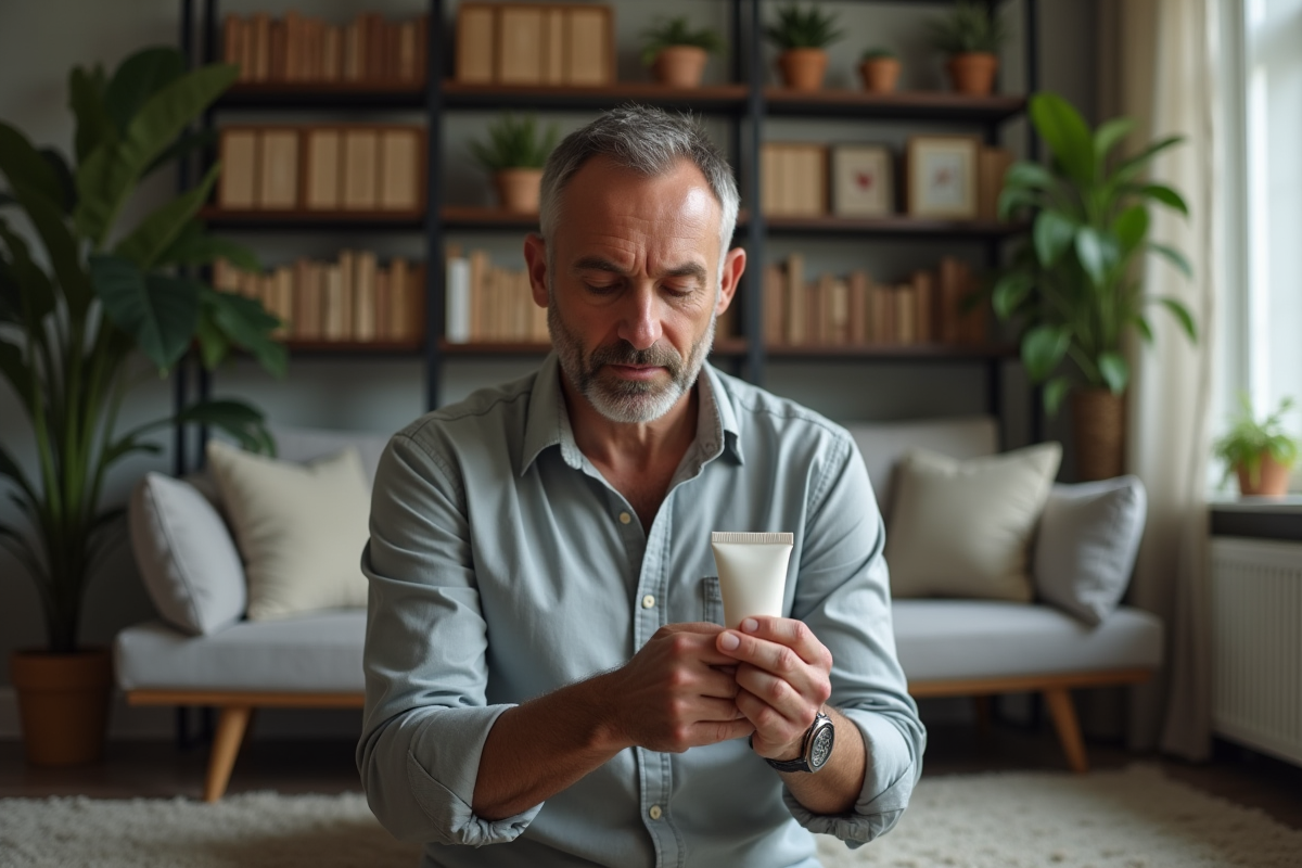 Homme appliquant de la creme sur ses mains