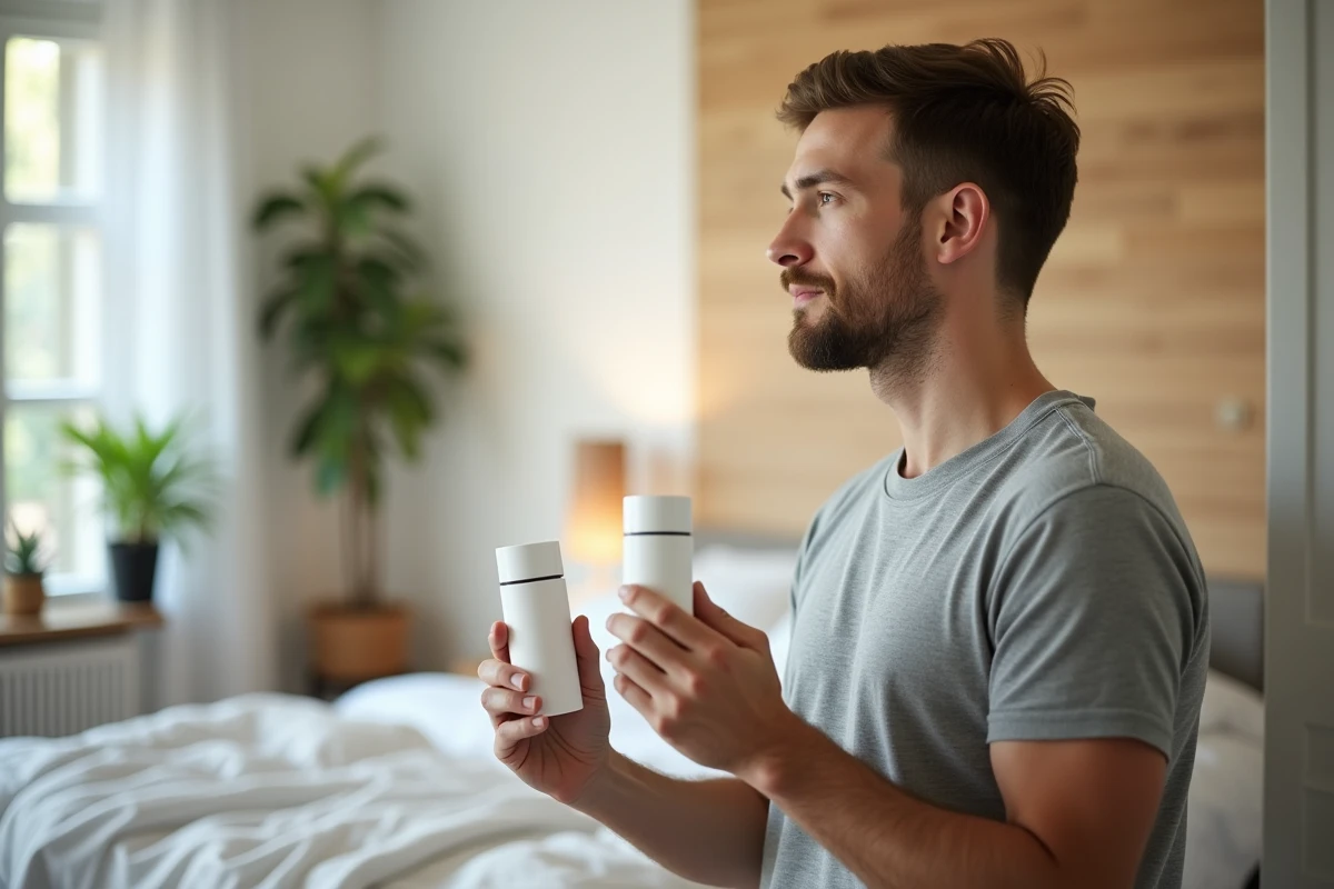 Homme tenant bouteilles de soin dans chambre lumineuse