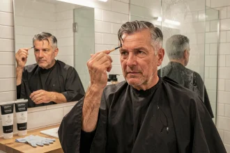 Homme d'une quarantaine d'années appliquant une teinture sur ses cheveux grisonnants dans une salle de bain moderne