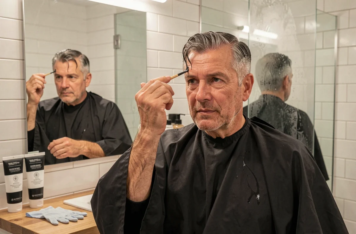Homme d'une quarantaine d'années appliquant une teinture sur ses cheveux grisonnants dans une salle de bain moderne