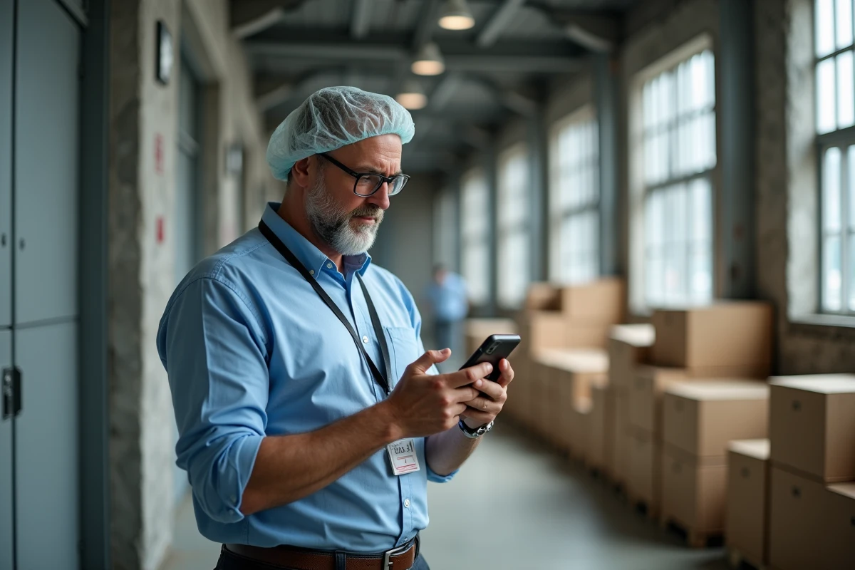 Homme d usine vérifiant son smartphone dans un couloir industriel