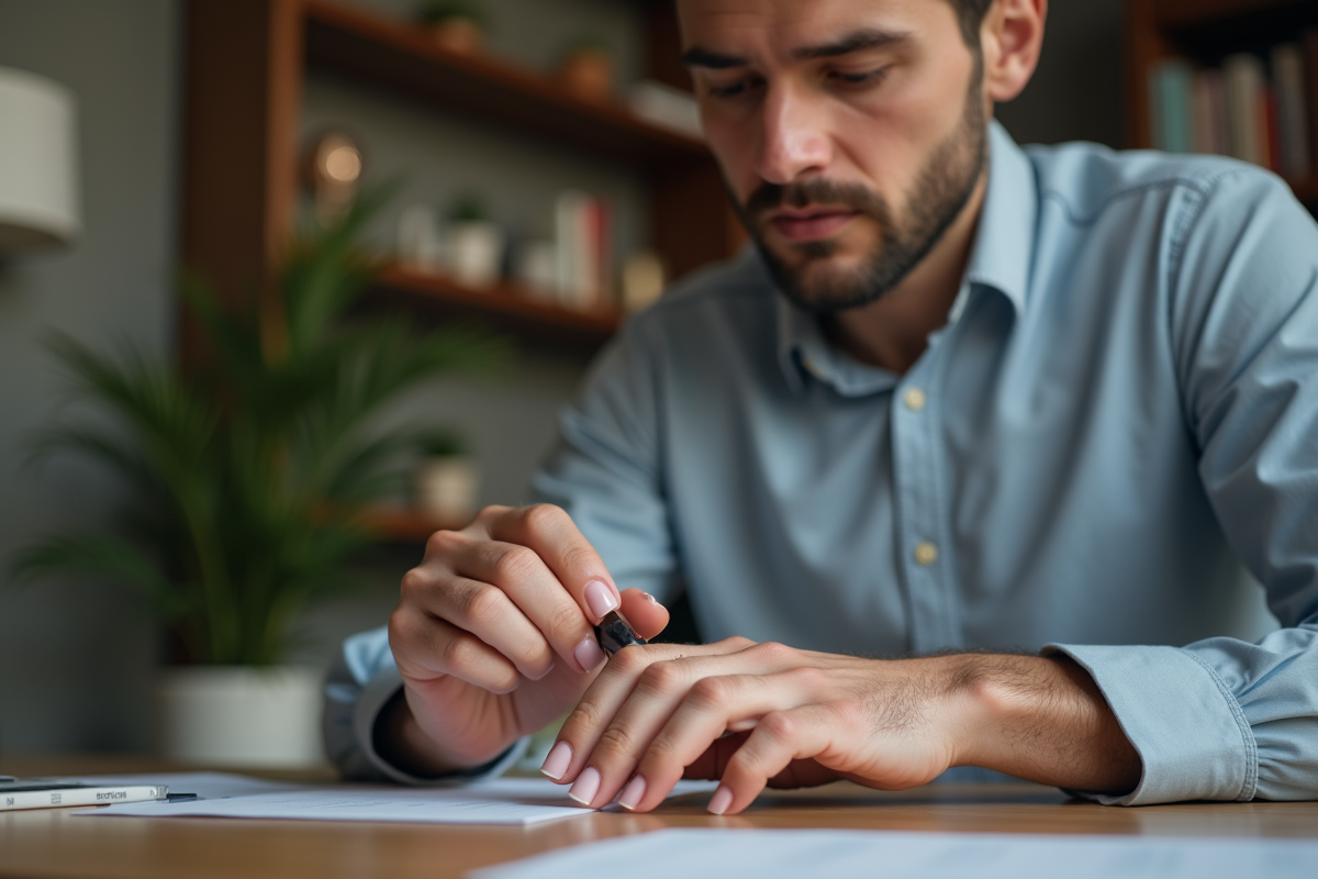 Homme inspectant ses ongles à son bureau à la maison
