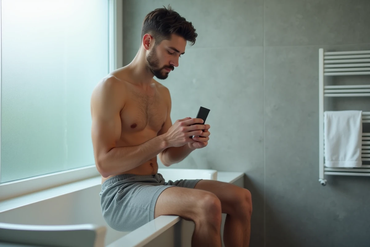 Homme assis sur le bord d'une baignoire examinant une crème dépilatoire avec une expression préoccupée