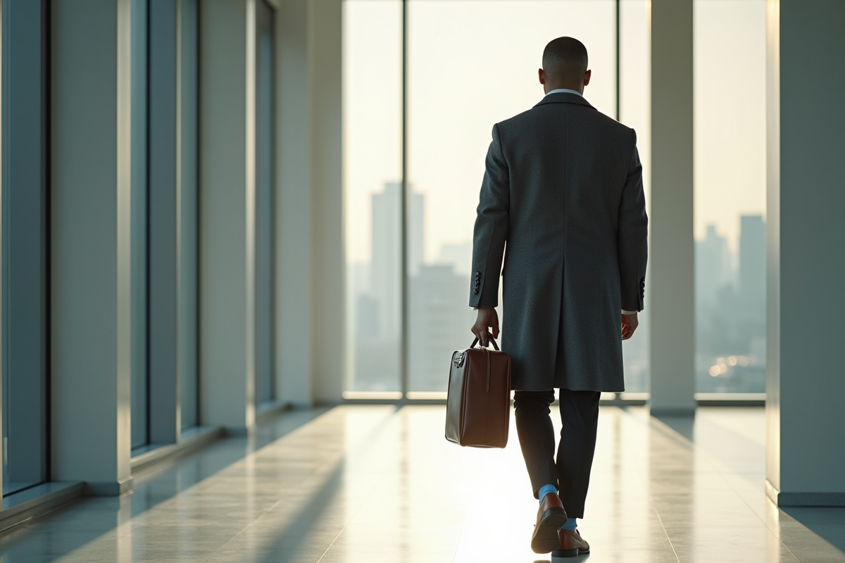 Homme en manteau gris dans un bureau lumineux et moderne