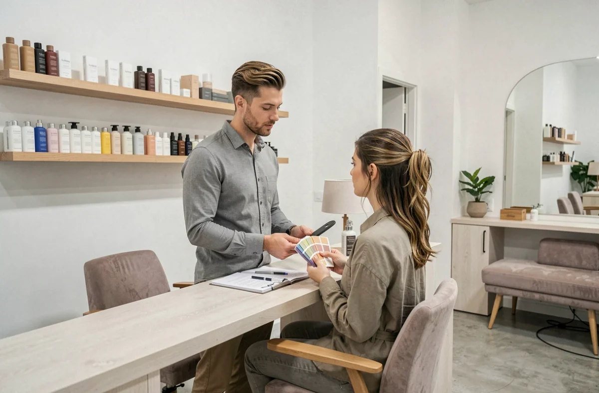 Styliste du salon Hush à Bordeaux présentant des nuanciers de couleur à une cliente dans un espace épuré