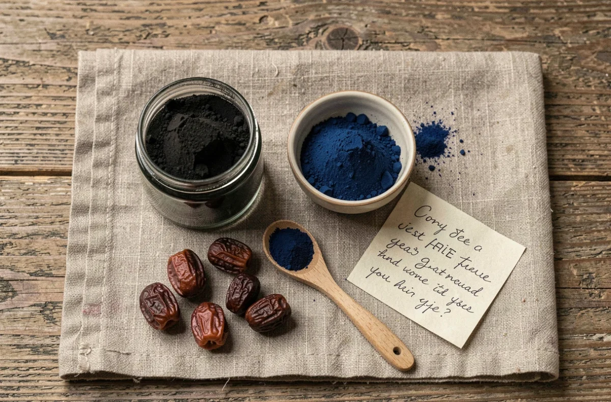Ingrédients naturels pour henné noir sans reflets roux disposés en flat-lay : poudre d'indigo, henné, amla et cuillère en bois