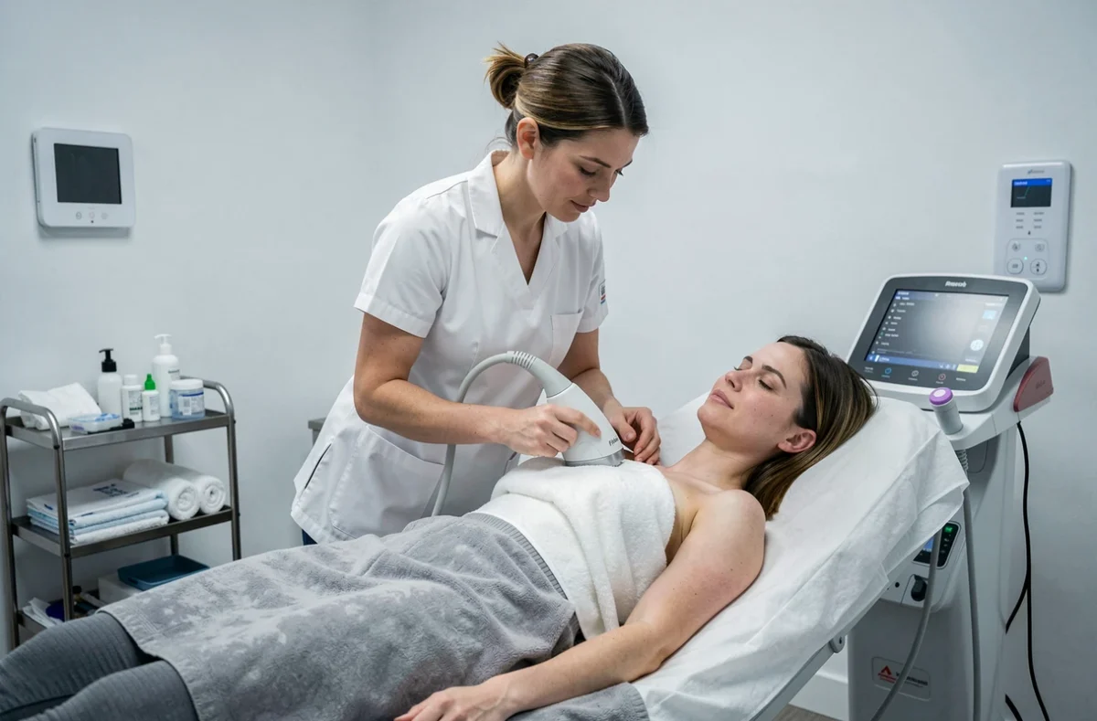 Esthéticienne ajustant un appareil de cryolipolyse sur une cliente à l'Institut Kea à Beaugency