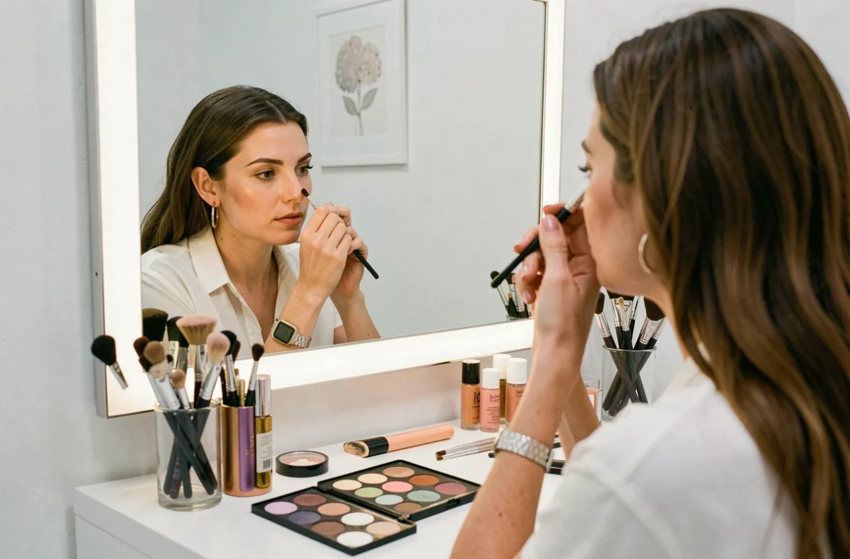 Spécialiste de la beauté du regard appliquant un maquillage précis sur une cliente à l'institut Irys à Saint-Cyr-sur-Loire