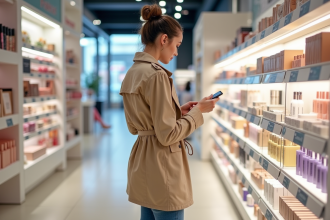 Jeune femme curieuse dans une boutique de beauté moderne