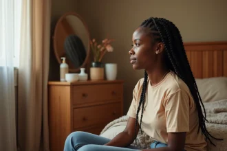 Jeune femme noire se coiffant en braids dans sa chambre