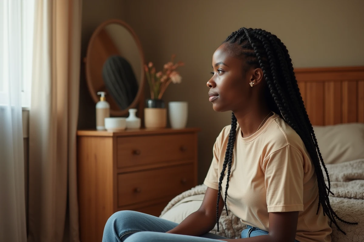 Jeune femme noire se coiffant en braids dans sa chambre