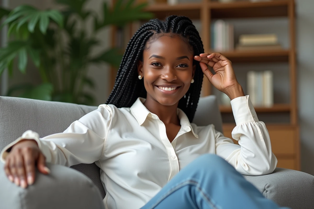 Jeune femme noire avec braids dans un salon chaleureux