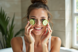 Jeune femme appliquant des tranches de concombre sur le visage