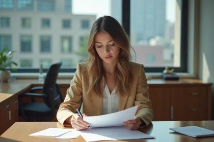 Jeune femme en bureau lit un contrat avec concentration