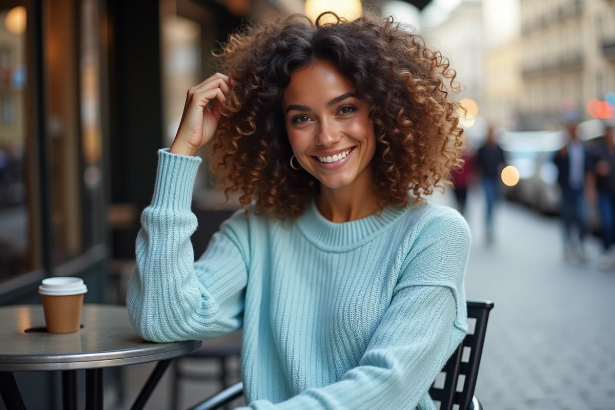 Jeune femme aux cheveux bouclés dans un café en ville
