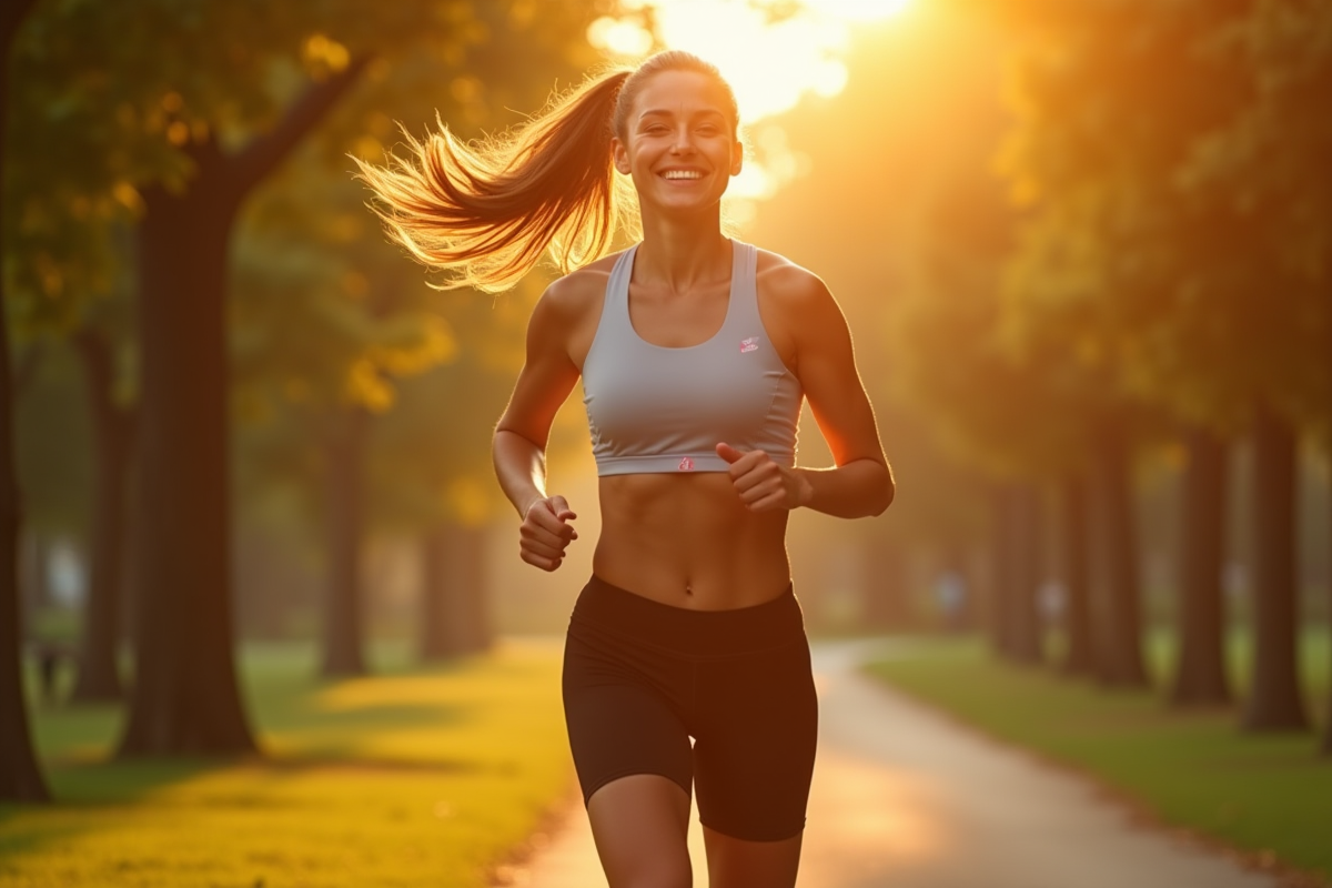 Jeune femme sportive courant dans un parc au lever du soleil
