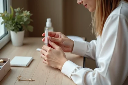 Jeune femme en blouse blanche se lime les ongles