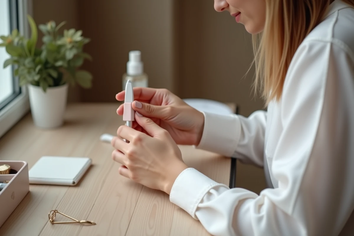 Jeune femme en blouse blanche se lime les ongles