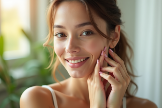 Jeune femme avec peau saine touchant son visage lumineux