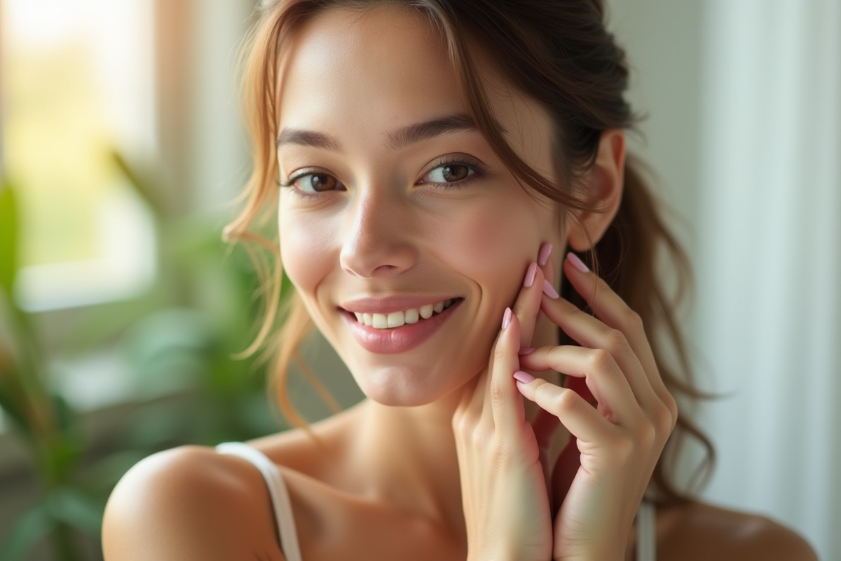 Jeune femme avec peau saine touchant son visage lumineux