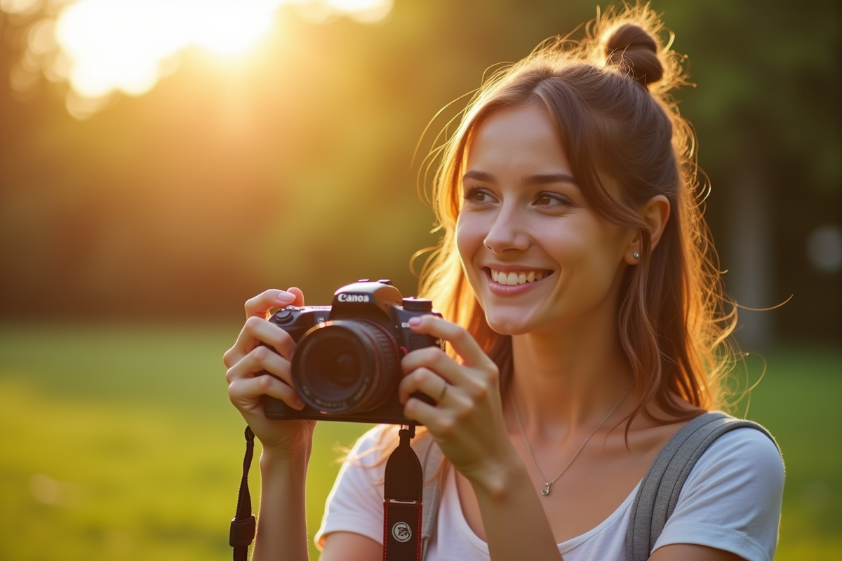 Jeune femme souriante tenant un appareil photo dans un parc ensoleille