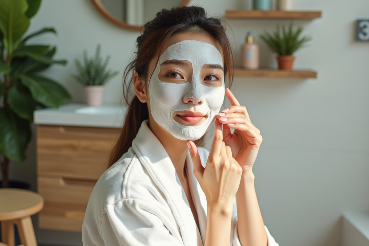 Jeune femme appliquant un masque visage dans une salle lumineuse