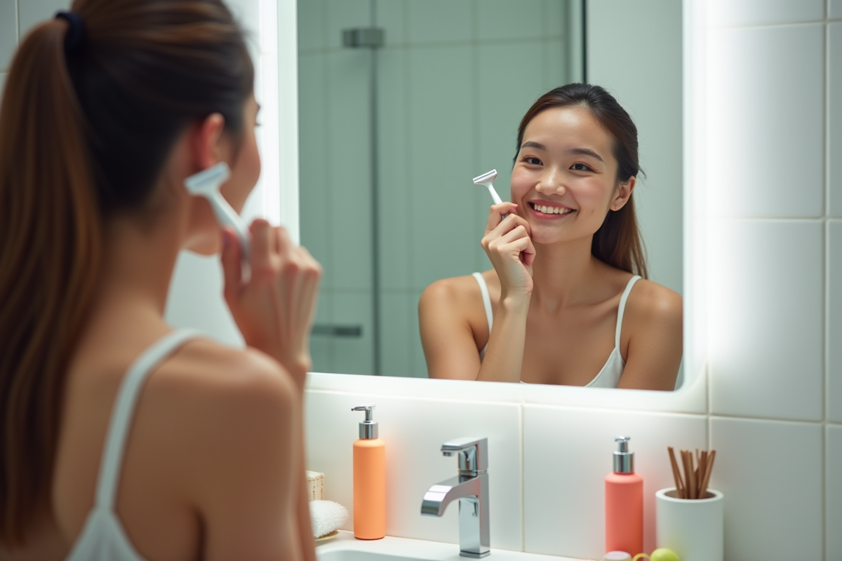 Jeune femme souriante dans une salle de bain moderne se rasant