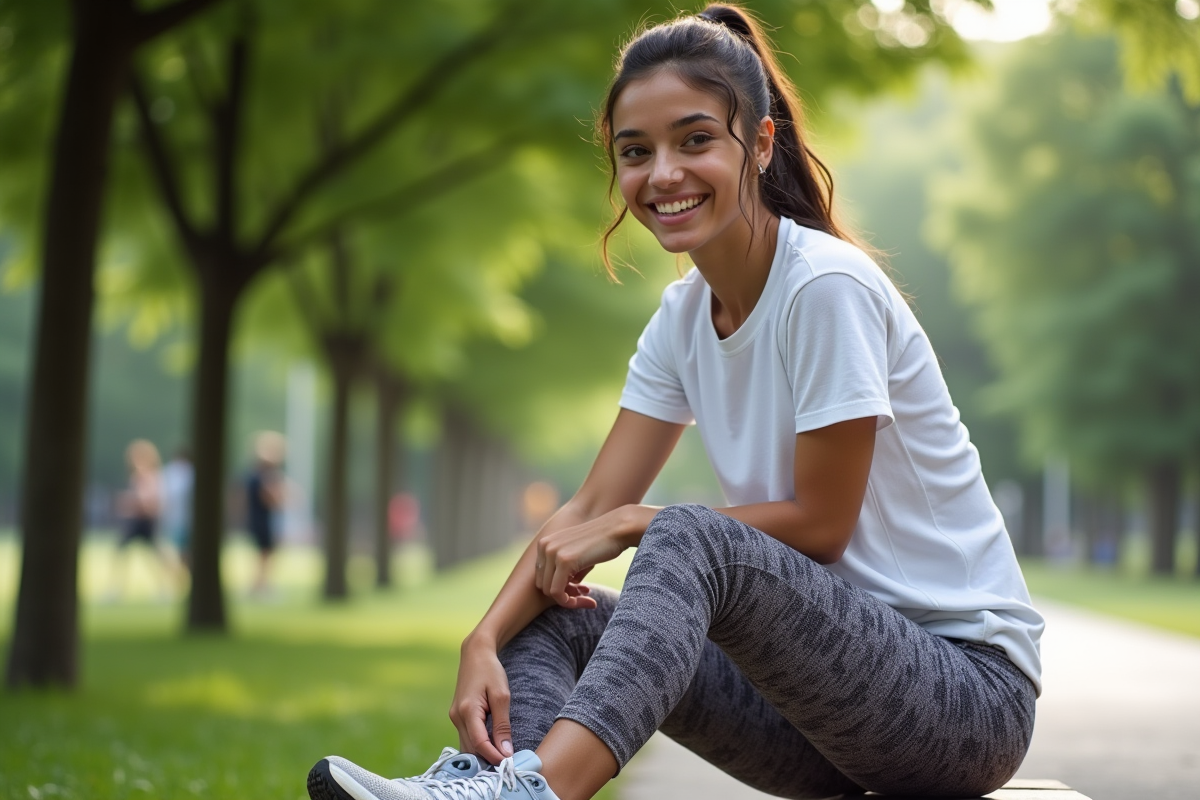 Jeune femme souriante en tenue sportive dans un parc urbain