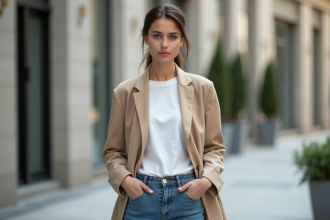 Jeune femme en blazer beige dans une ville urbaine