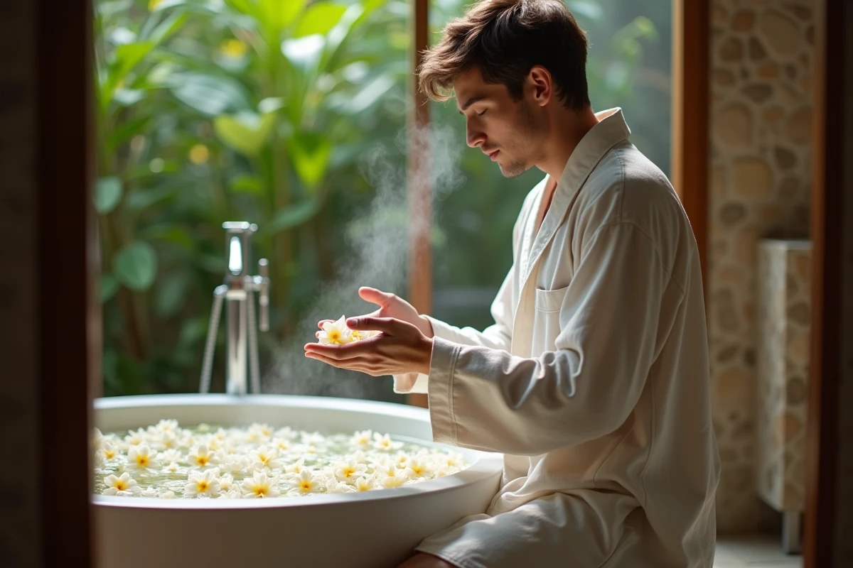 Jeune homme dans salle de bain avec fleurs de jasmin