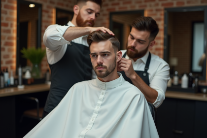 Jeune homme en coiffure skin fade dans un barbershop moderne