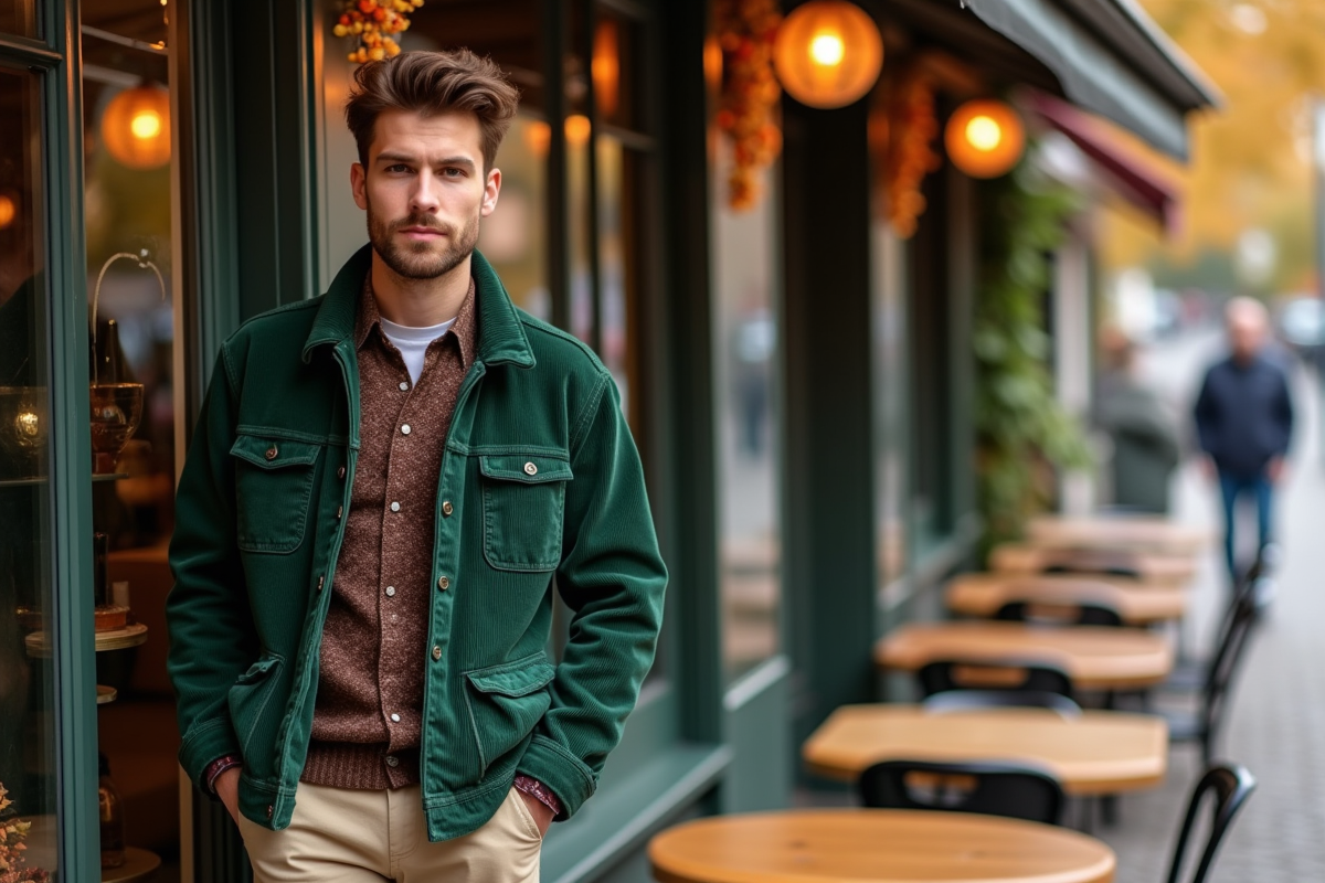 Jeune homme en veste vert automne café