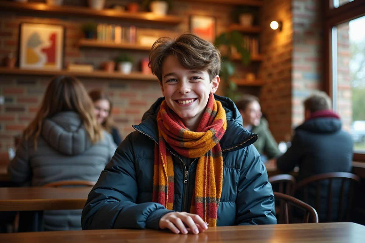 Jeune garçon souriant avec écharpe dans un café chaleureux
