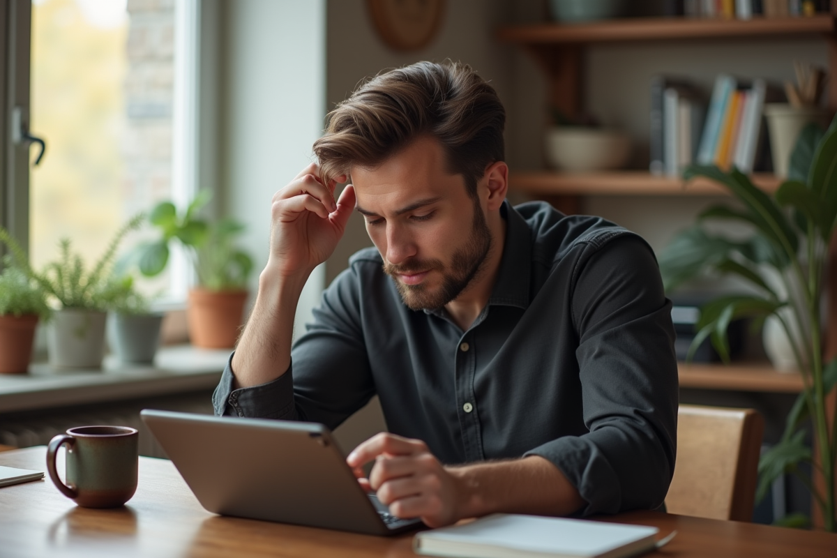 Jeune homme lisant conseils capillaires sur tablette