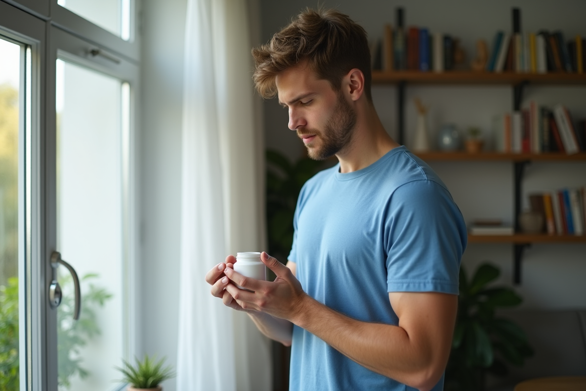 Jeune homme appliquant une creme dans un interieur lumineux