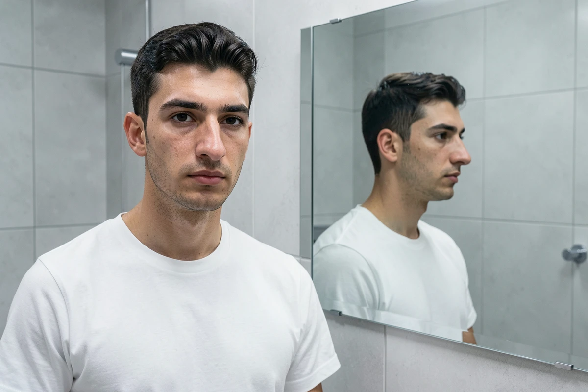 Jeune homme regardant son reflet dans un miroir de salle de bain montrant son nez grec de face et de profil