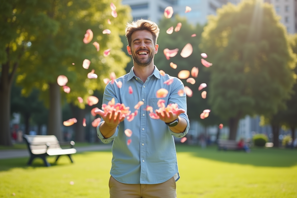 Jeune homme lançant des pétales dans un parc ensoleille