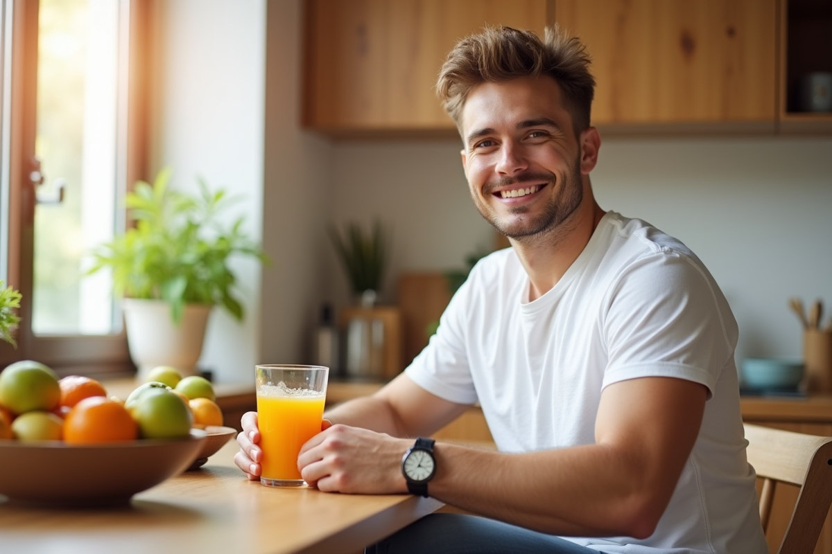 Jeune homme souriant avec jus d