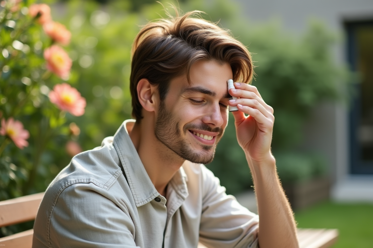 Jeune homme appliquant un serum capillaire en jardin