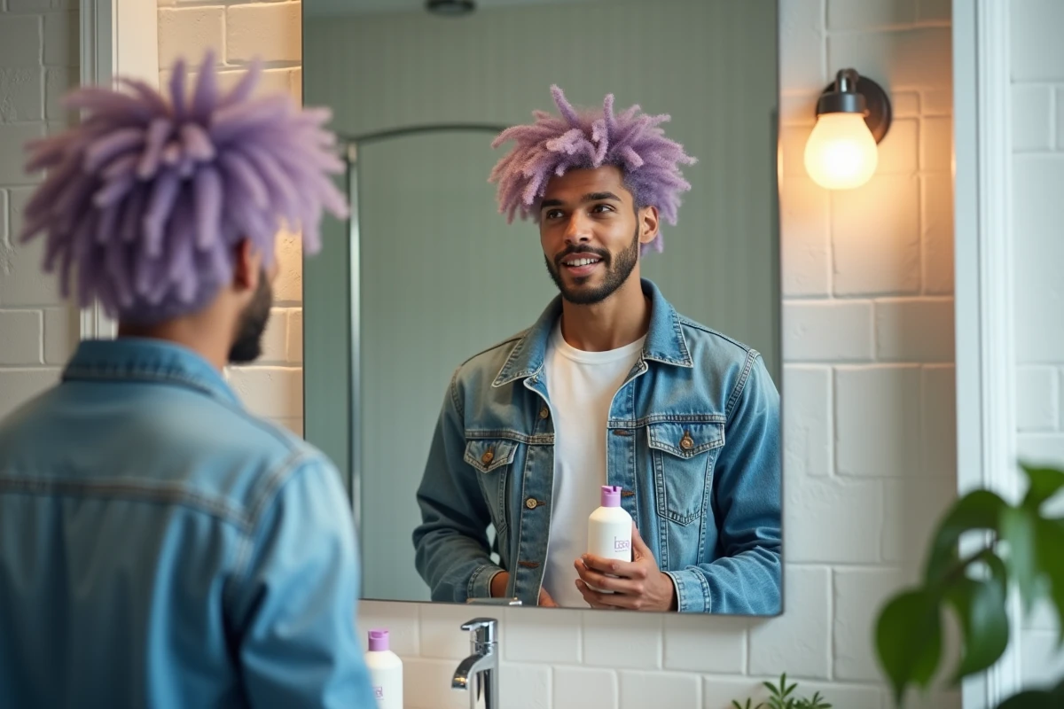 Jeune homme avec boucles pastel dans sa routine capillaire