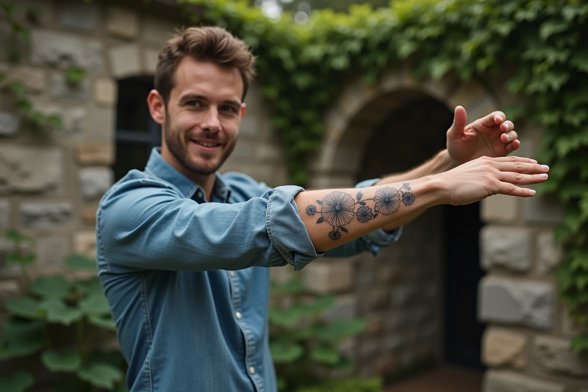 Jeune homme montrant son tatouage floral dans un jardin