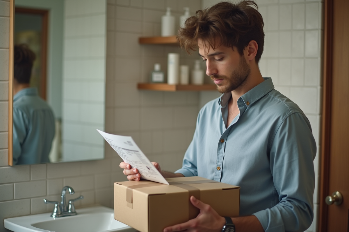 Jeune homme examinant un produit de soin dans la salle de bain